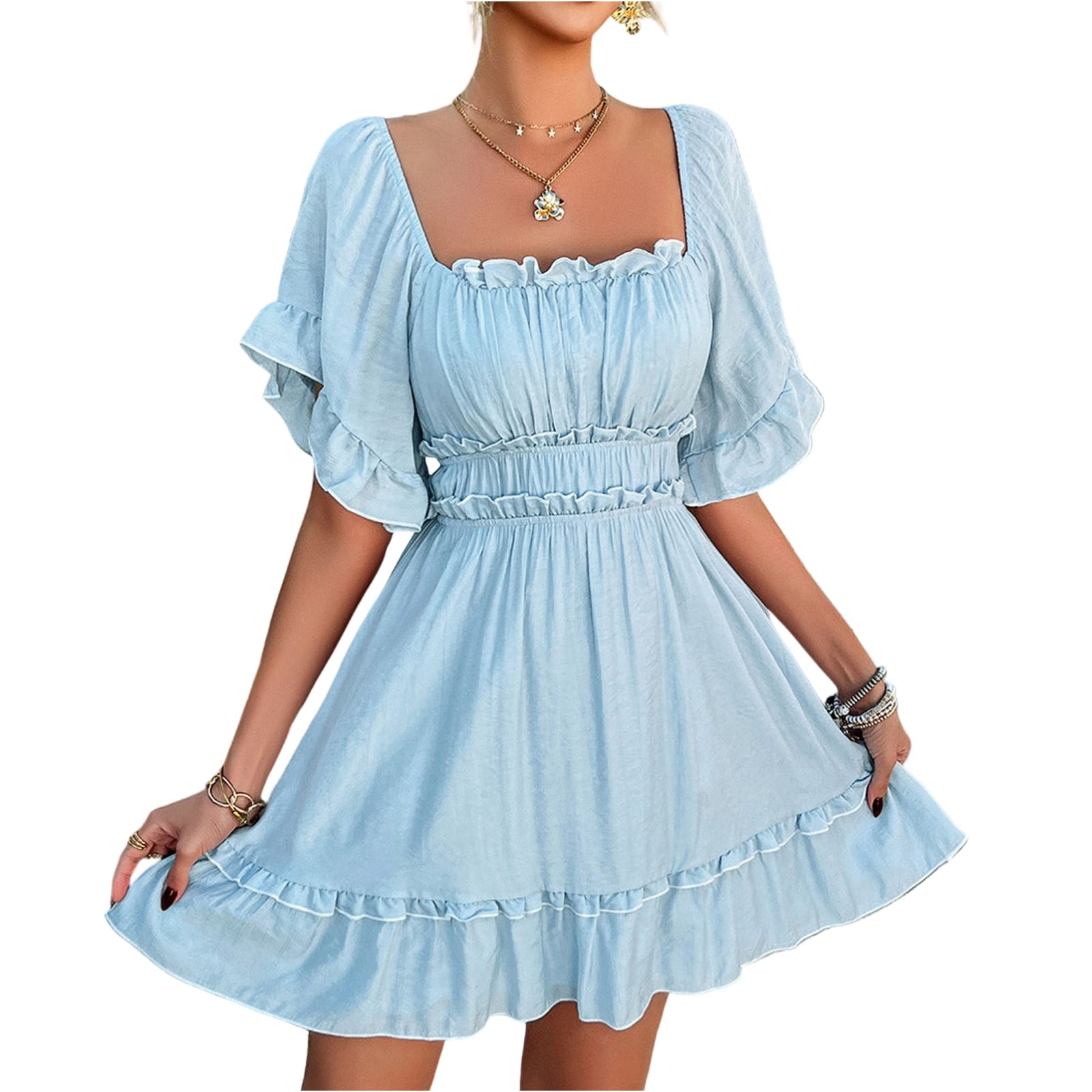 RWJ Women's Swiss Dot Mini Dress - Long Sleeve, Square Neck, Smocked Waist For Weddings & Fall Parties (Plus Size Available)
