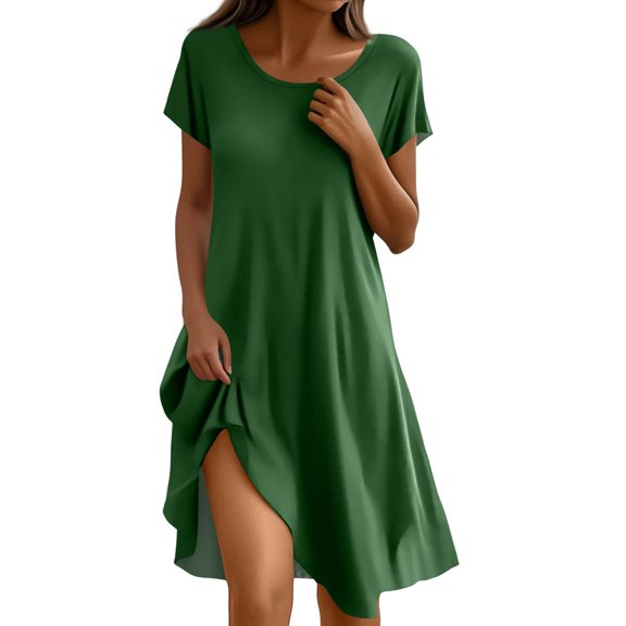 Mother'S Day Dress, T Shirt Flared Short Sleeve Casual Solid Color V Neck Beach Womens Fall Dresses Long Short For Women Dresses Casual Summer 2025 Spring Wedding Dresses (L, Dark Green) ZMTing