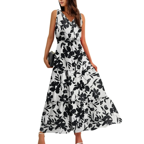 Mother'S Day Dress, Wedding Guest Easter Casual Floral V Neck Sleeveless Flowy Long Dress Plus Size White 1950S Dresses For Women Luau Outfits Dresses 2025 Dresses Short (XXL, White) ZMTing