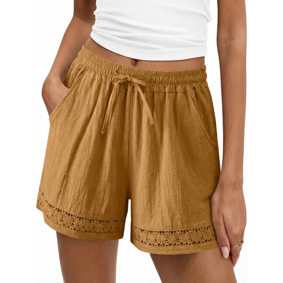 POROPL Shorts for Women,Cotton Linen Elastic Waist Drawstring Lace Trim Shorts with Pockets,Yellow Size 2