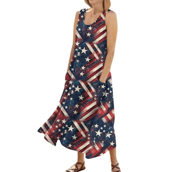 Mother'S Day Outfit For Women, 4Th Of July Dress Casual Cotton Sleeveless Round Neck American Flag Ruffle Flowy Long Tank Sleeve Velvet Dress Women Linen 2024 Dress (XXL, Navy) ZMTing