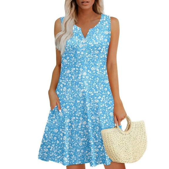 Mother'S Day Outfit For Women, Tank Sundress Casual Floral V Neck Sleeveless Mini Dres With Pockets Blue Wedding Guest Dress Mother Of Groom Petite Dresses (XL, Light blue) ZMTing
