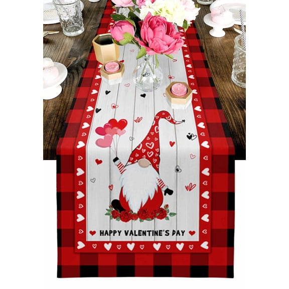 Mother'S Day Table Runner, Dwarf Red Heart Plaid Washable Cotton-linen Table Runners Dining Kitchen Decoration for Everyday Home Wedding Party Decor, 13 x 90 Inch