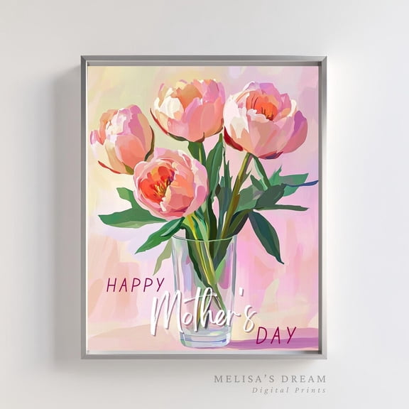 Mother’S Day Wall Art, Pink Peony Bouquet In Vase, Happy Mother’S Day, Spring Floral Home Decor Gift Wall Art, Modern Wall Decor, 16x24 UNFRAMED