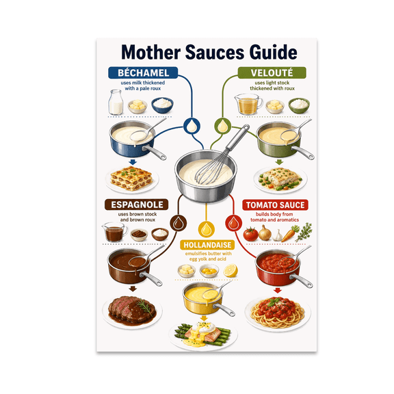 Mother Sauces Guide Culinary, 13 x 19 in Glossy Unframed Wall Poster, Vertical
