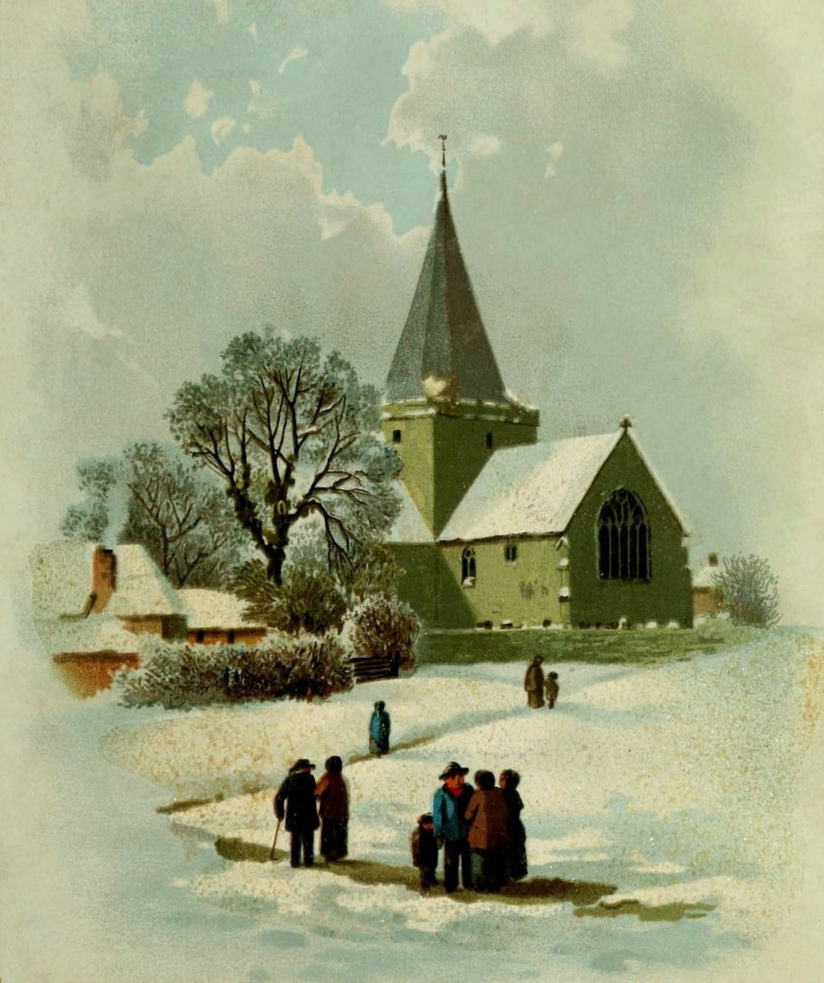 Mother & Son 1888 Snowy Church Scene Canvas Art - Unknown (18 x 24)