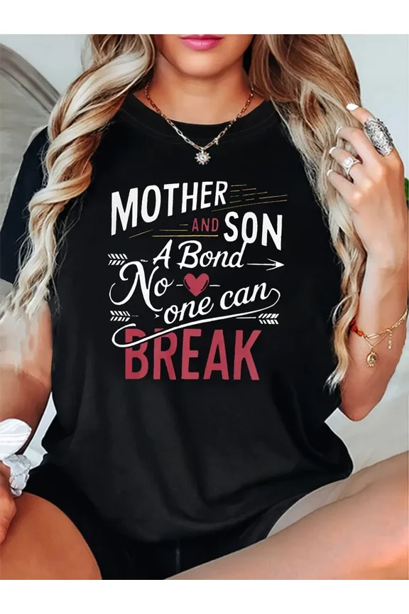 Mother Son Bond Quote Heart Graphic for Women Unisex Gift for Mom Black Short Sleeve Casual T-Shirt