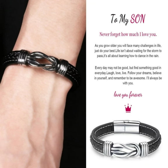 Mother and Son Forever Linked Together Braided Leather Bracelet, Men Stainless Steel Interlocking Inspirational Wristband, Son Graduation Birthday Gift from Mom