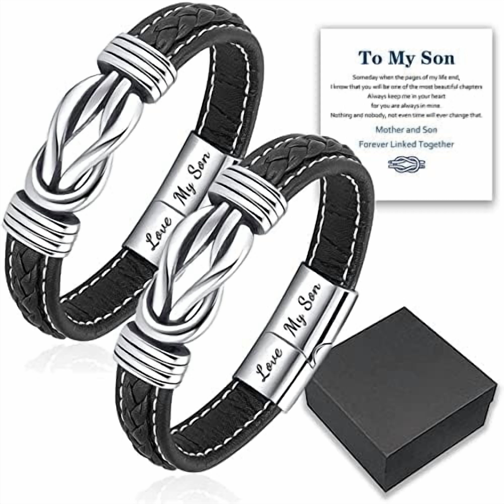 Mother and Son Forever Linked Together Braided Leather Bracelet, to My Son Stainless Steel Interlocking Inspirational Wristband Gift Jewelry for Son from Mom Dad