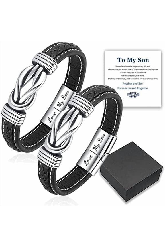 Mother and Son Forever Linked Together Braided Leather Bracelet, to My Son Stainless Steel Interlocking Inspirational Wristband Gift Jewelry for Son from Mom Dad