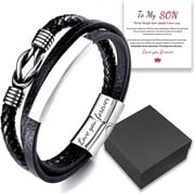 AWAREISN Mother and Son Forever Linked Together Infinity Knot Leather Bracelet, Men's Stainless Steel Leather Inspirational Wristband, Mother Son Bracelet, Son Bracelet from Mom