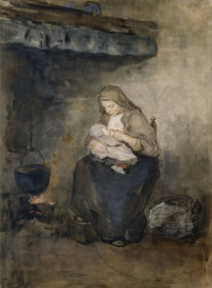 Mother Suckles Her Child By The Fire Canvas Art - (24 x 36)