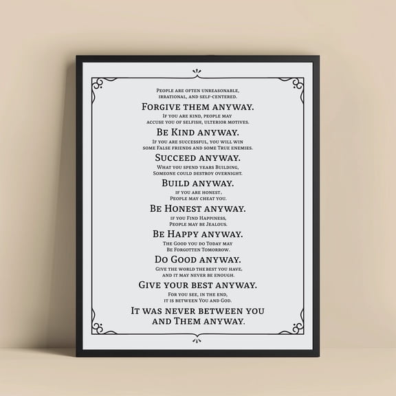 Mother Teresa Anyway Print, Inspirational Quote Wall Art, Motivational Home Decor, Religious Wall Art, Faith-Based Art, For Believers UNFRAMED Poster, Wall Art for Decor, Present, 8x12