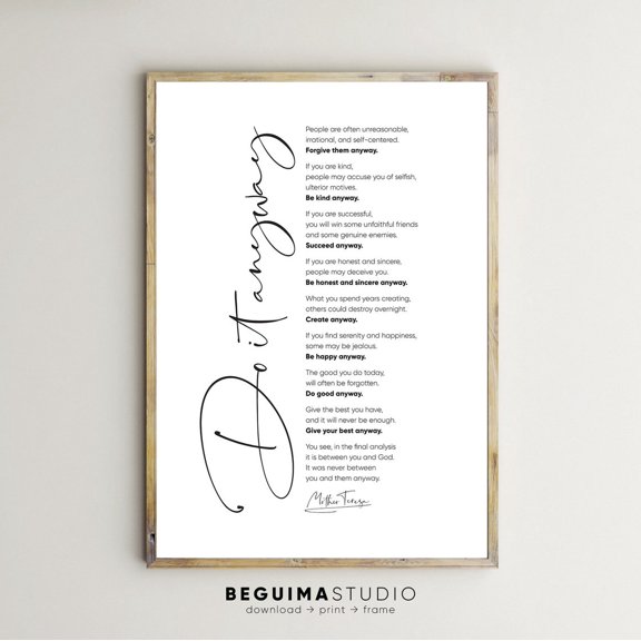 Mother Teresa Quote Do It Anyway Inspiring Text Poster, Inspirational Office And Bedroom Decor