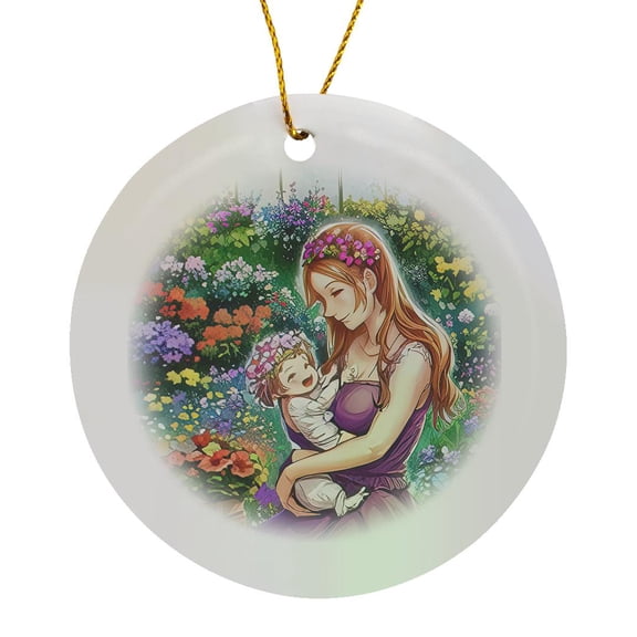 3drose, Mother with a Baby in Her Hands in the Garden Digital Art Gift, Charm, Circle Porcelain Ornament