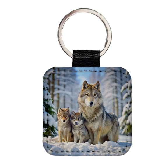 Mother Wolf And Pups In Winter Faux Leather Square Keychain
