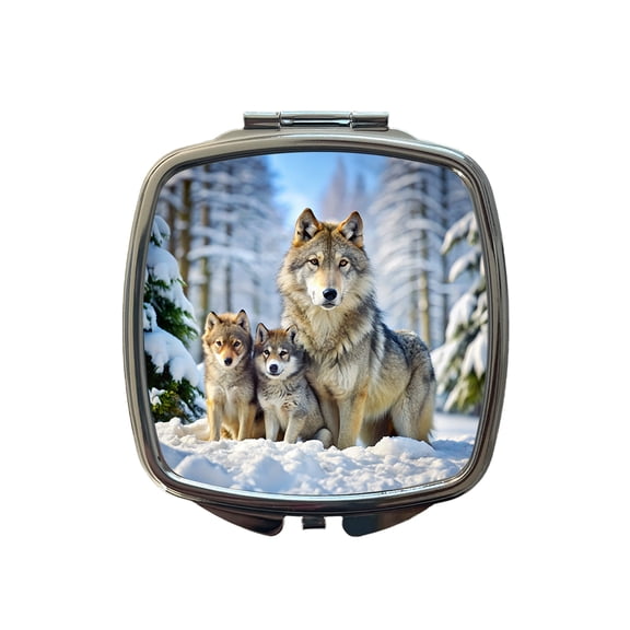 Mother Wolf And Pups In Winter Travel Makeup Handbag Purse Small Pocket Compact Mirror