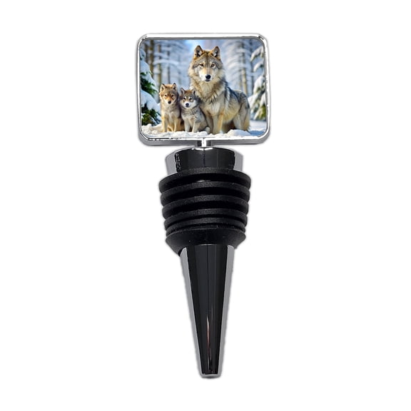 Mother Wolf And Pups In Winter Wine Bottle Stopper Cap Plug