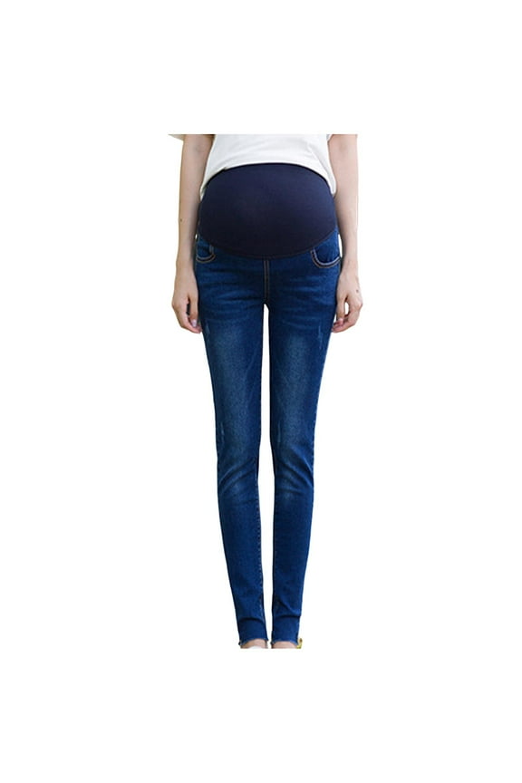Mother Woman Fashion Solid Color Elastic Waist Pockets Full Length Pants Jeans Blue XXXL
