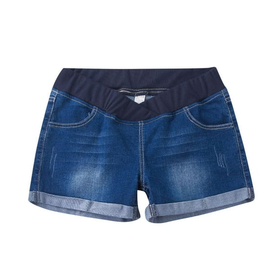 Mother Woman Fashion Solid Color Elastic Waist Pockets Shorts Jeans Blue XXL Clearance