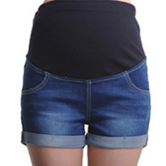 Mother Woman Fashion Solid Color Elastic Waist Pockets Shorts Jeans Blue XXXL