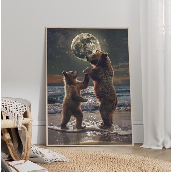 Mother and Baby Bear Moonlight Wall Art, Enchanting Nature Decor, Unframed Paper Print Size 16x24