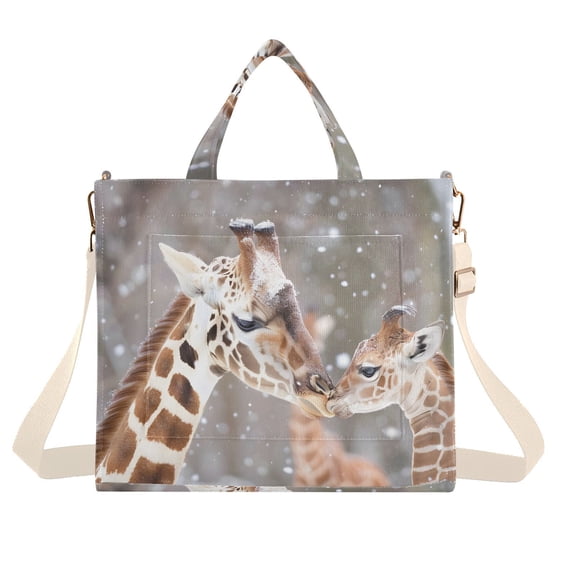 Mother and Baby Giraffes Corduroy Tote Bag Handbag Large Messenger Bag Shoulder Crossbody Zipper Bag Purse