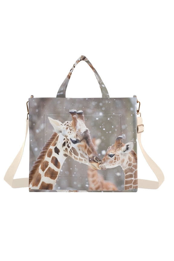 Mother and Baby Giraffes Corduroy Tote Bag Handbag Large Messenger Bag Shoulder Crossbody Zipper Bag Purse