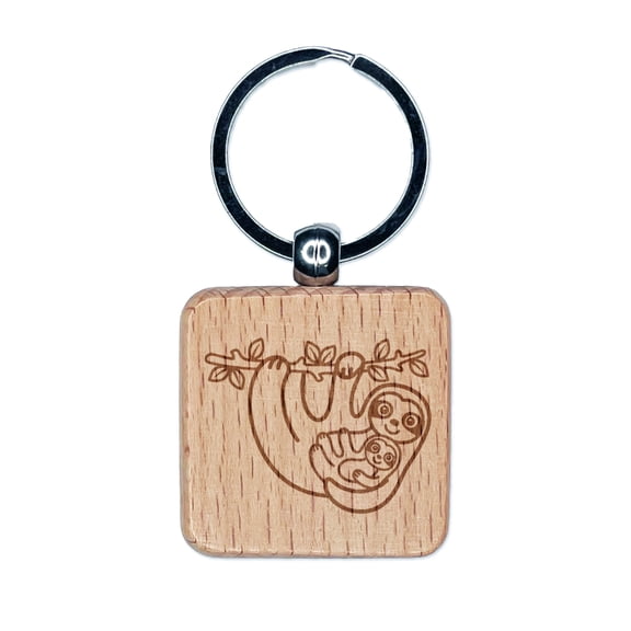 Mother and Baby Sloth Square Keychain Charm Tag - Engraved Wood