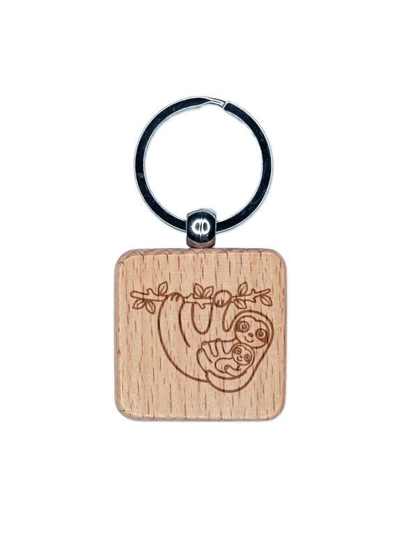 Mother and Baby Sloth Square Keychain Charm Tag - Engraved Wood