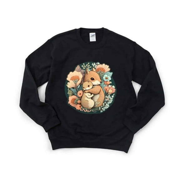 Mother and Baby Squirrel T-Shirt , Hoodie , Sweatshirt Cute Animal Embrace with Floral Garden, for men & women, up to size 5XL