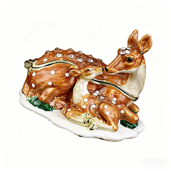 Mother and Deer Jewelry Box, Enameled Zinc Alloy Trinket for Desktop Storage, Luxury Home Decor