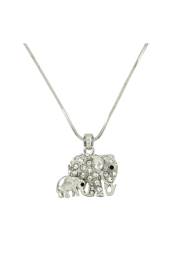 Mother and Son Elephant Pendant Necklace Rhinestone Crystal Rhodium High Polished J0416