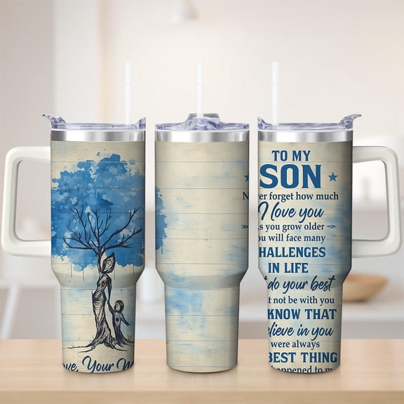 Mother and Son Tree Design Stainless Steel Insulated Mug with Lid and Handle, 30oz