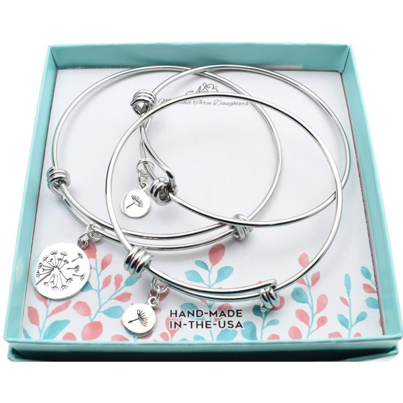 Mother and Two Daughters Dandelions Bracelets. Sterling Silver Charms. Stainless Steel Bangles.  1 Pack.