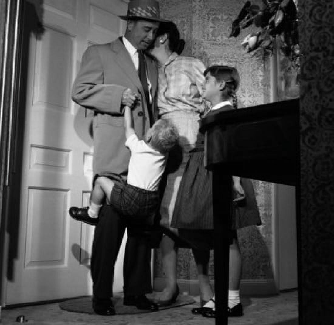 Mother and children with father in entrance hall Canvas Art - (18 x 24)