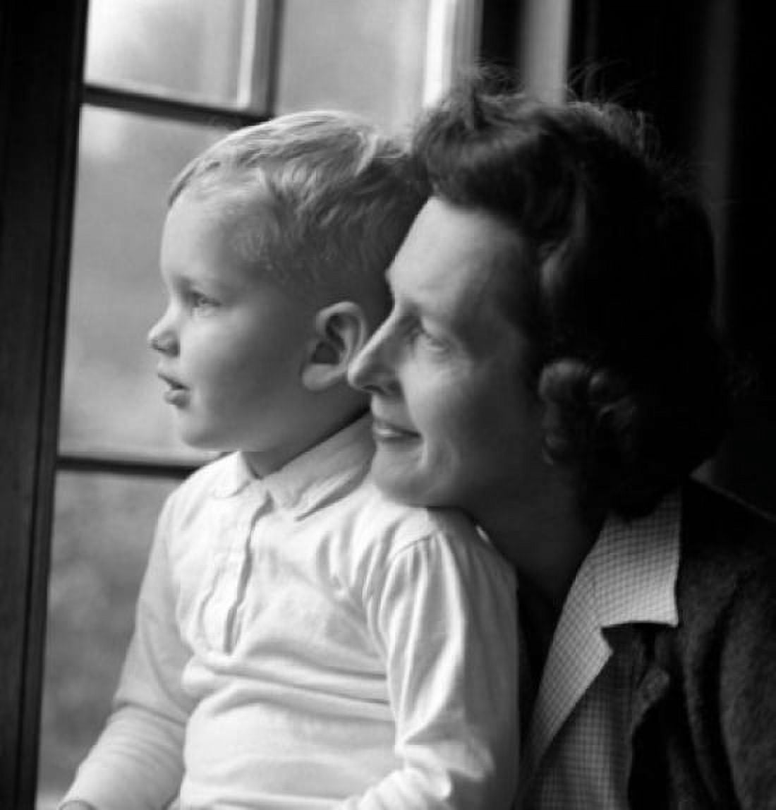 Mother and son looking through window Canvas Art -  (18 x 24)