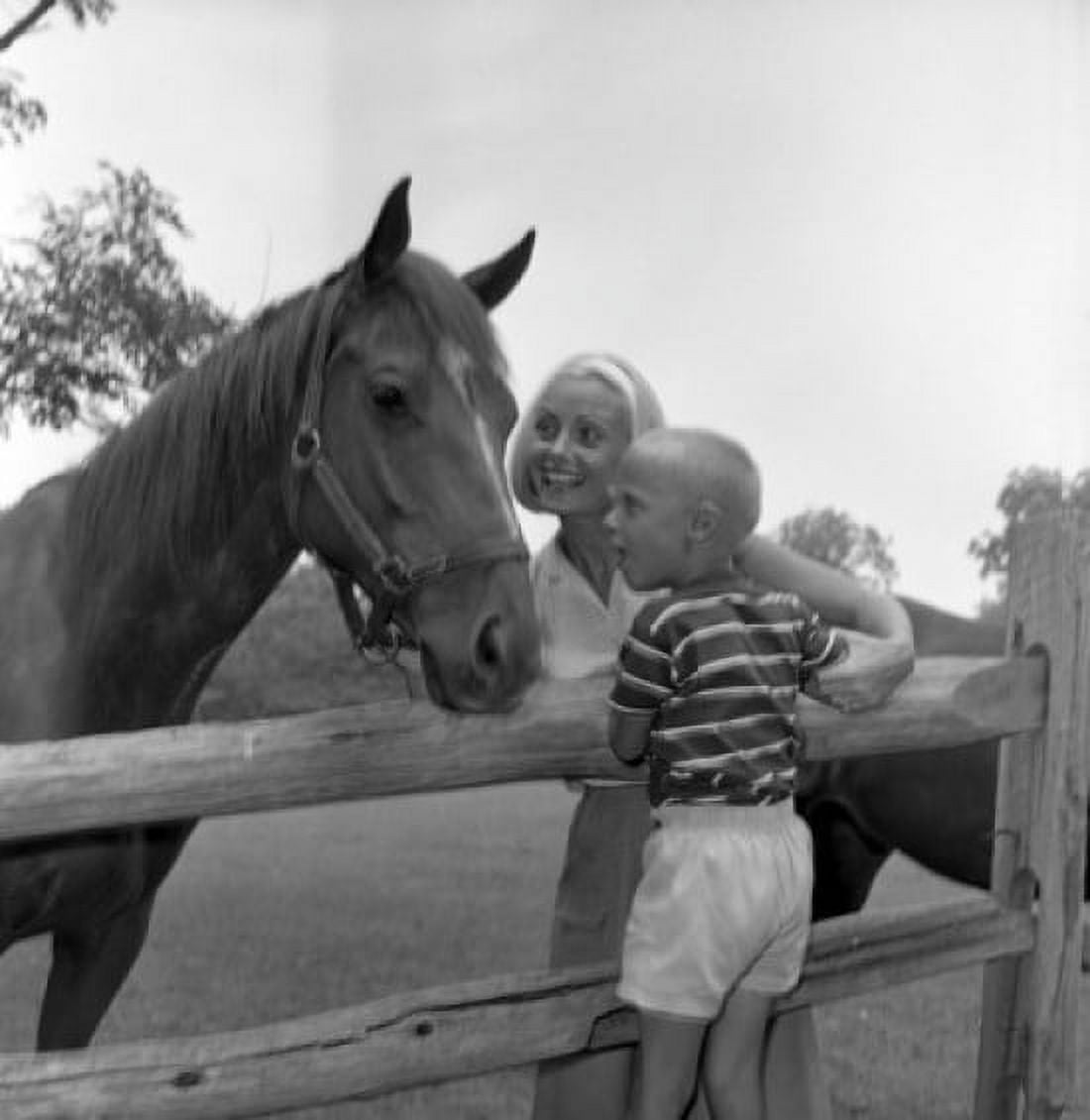 Mother and son stroking horse Canvas Art - (18 x 24)