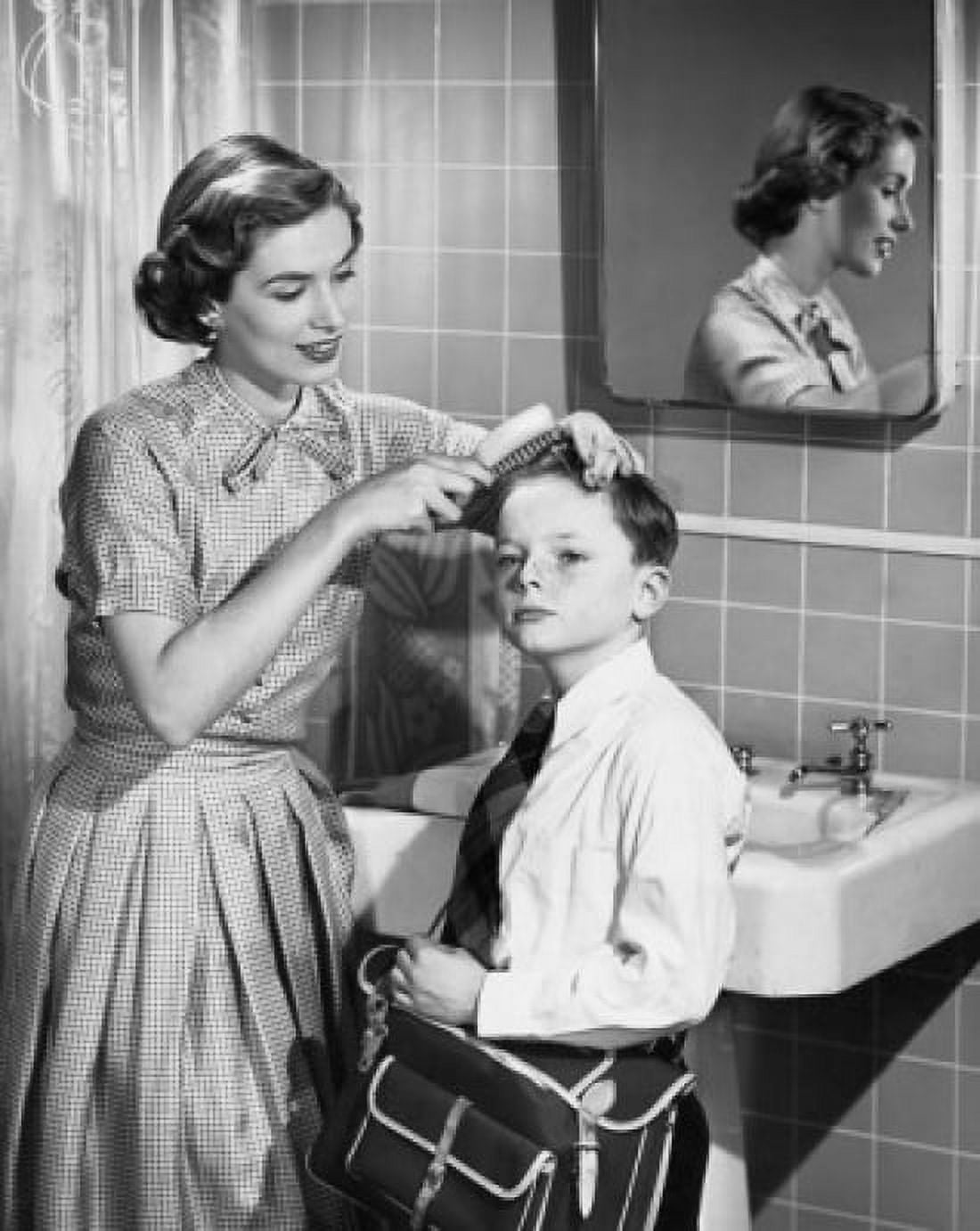 Mother brushing her sons hair Canvas Art -  (18 x 24)