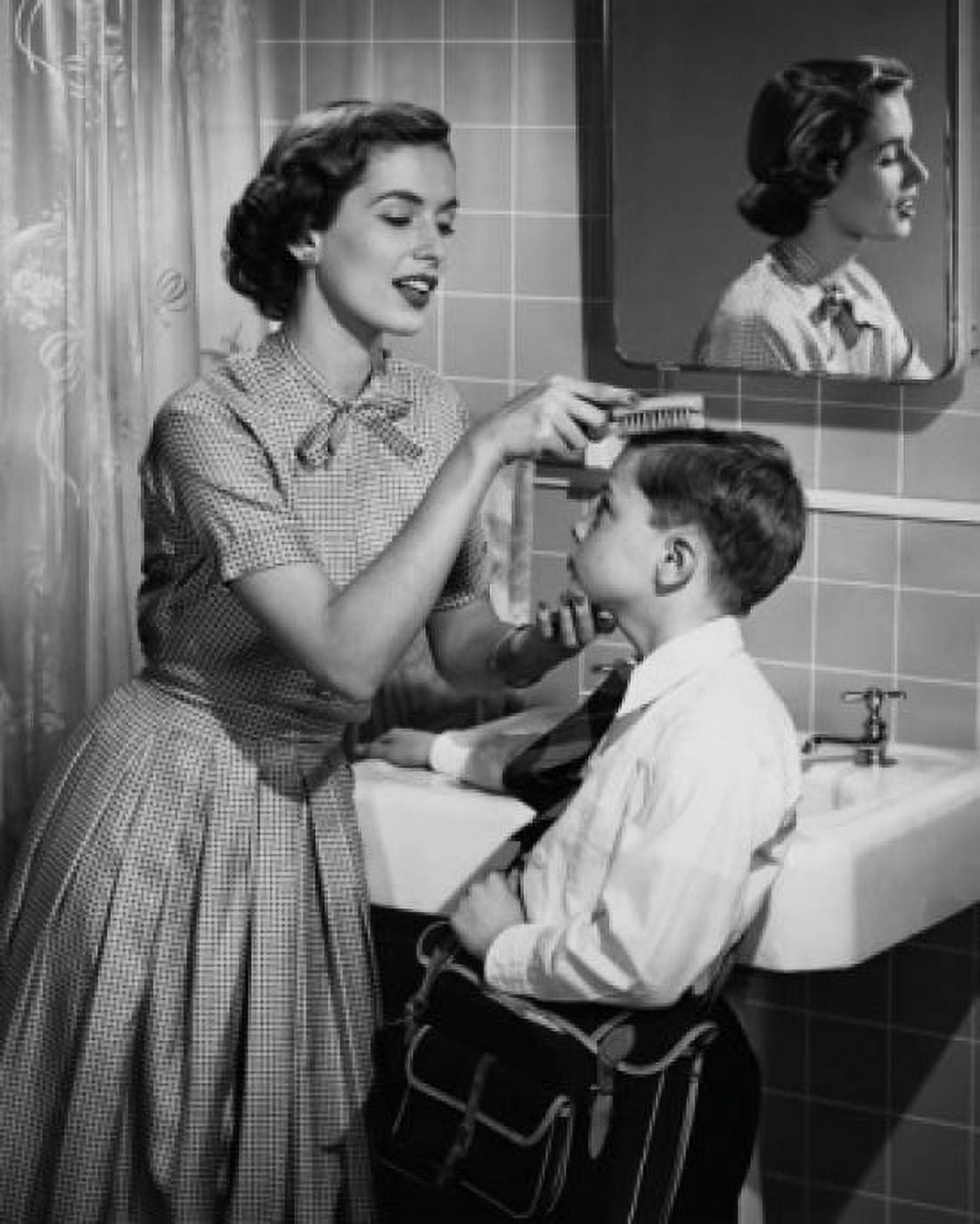 Mother brushing her sons hair Canvas Art - (18 x 24)
