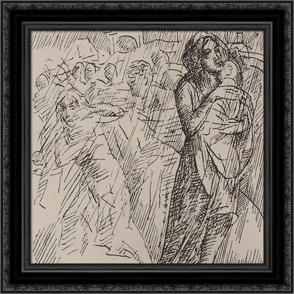 Mother, child saving 20x20 Black Ornate Wood Framed Canvas Art by Petrov Vodkin, Kuzma
