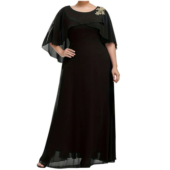 Mother of Bride Dresses Plus Size Elegant Chiffon Cape Dress Embroidered Wedding Guest Cocktail Maxi Evening Gowns Black, 3XL
