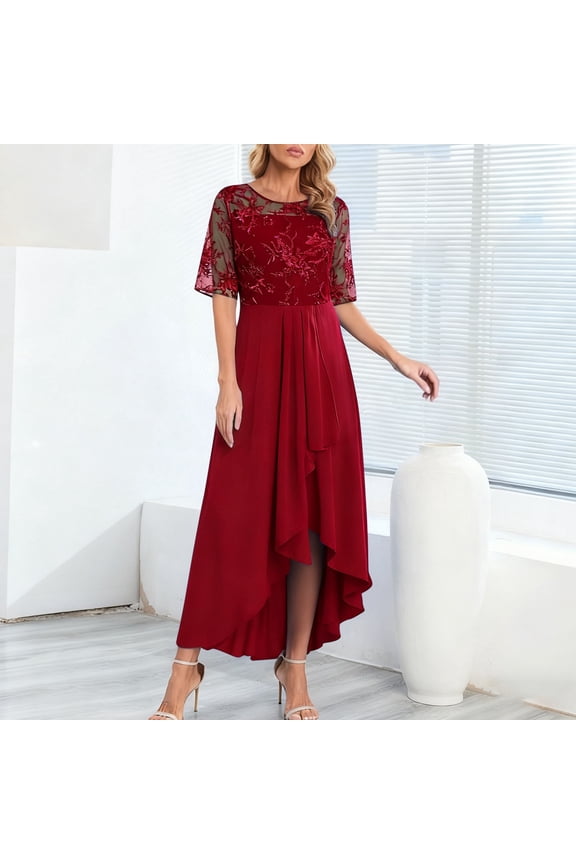 Mother of Bride Dresses Women’s Lace Appliques Chiffon Dresses with Sleeves Formal Wedding Guest Dress (RD2 L)