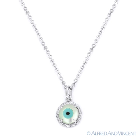 Mother-of-Pearl & 0.06ct Diamond Evil Eye Charm Pendant in 14k White Gold w/ Free .925 Silver Chain