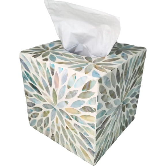 Mother of Pearl Cube Tissue Cover Box,Sea Pearl Shell Blue Flower Decorative Square Tissue Holder,5.9 Capiz Mop Napkin Box with Bottom Slider
