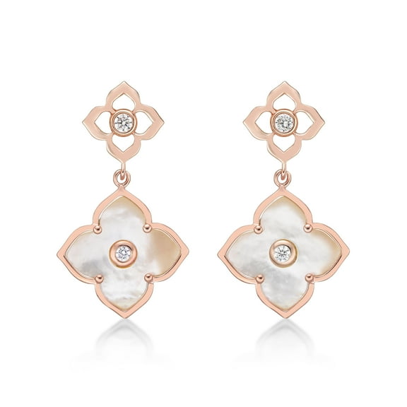 Mother of Pearl Flower Dangling Drop Earrings for Women in 925 Sterling Silver with Rose Gold Plating Post Back by Lavari Jewelers