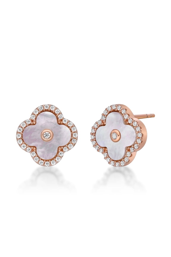 Mother of Pearl Flower Stud Earrings for Women in 925 Sterling Silver with Rose Gold Plating Post Back 11 MM by Lavari Jewelers
