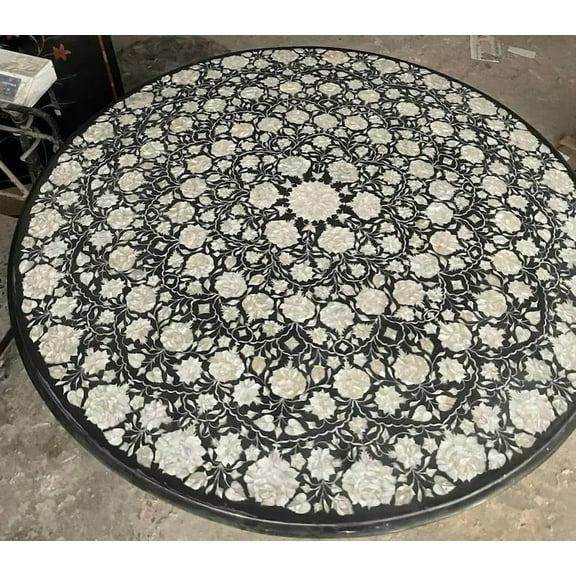 Mother of Pearl Inlay Round Coffee Table  Handcrafted Center Table Top with Exquisite Shell Detailing for Stylish Living Room Dcor