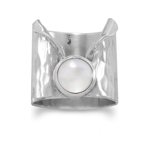 Mother of Pearl Ring Hammered Texture Lapel Design Sterling Silver