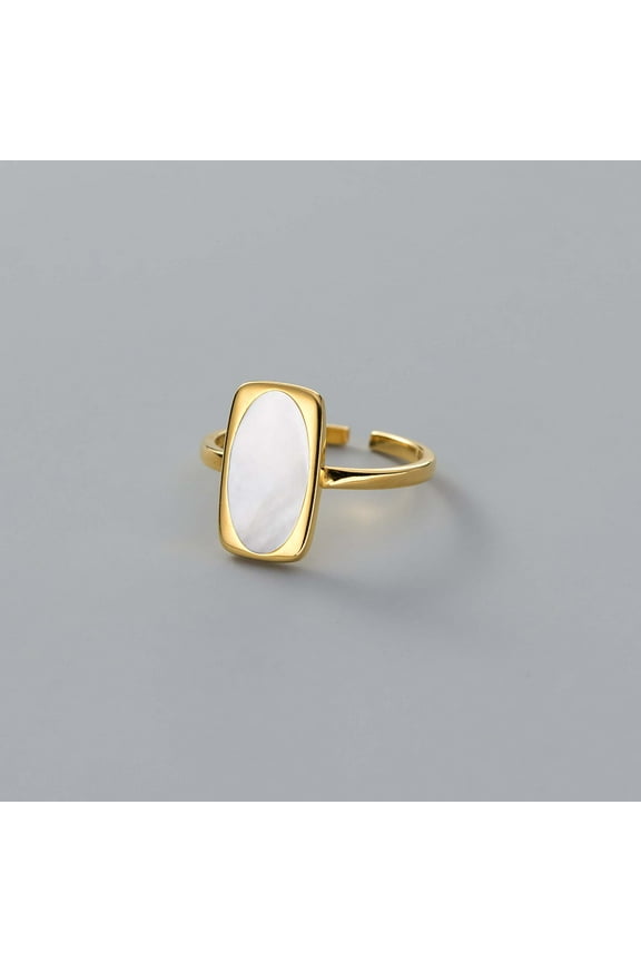 Mother of Pearl Rings For Women 14k Gold Plated 925 Sterling Silver Simple Rings with a Rectangle Stone Adjustable Open Ring Jewelry Gifts for Her